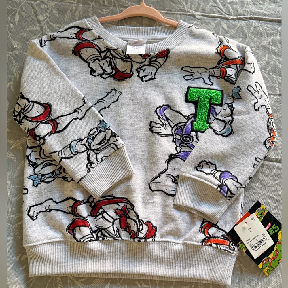Nickelodeon Light Gray TMNT All-Over Print Sweatshirt with Green 'T' Patch